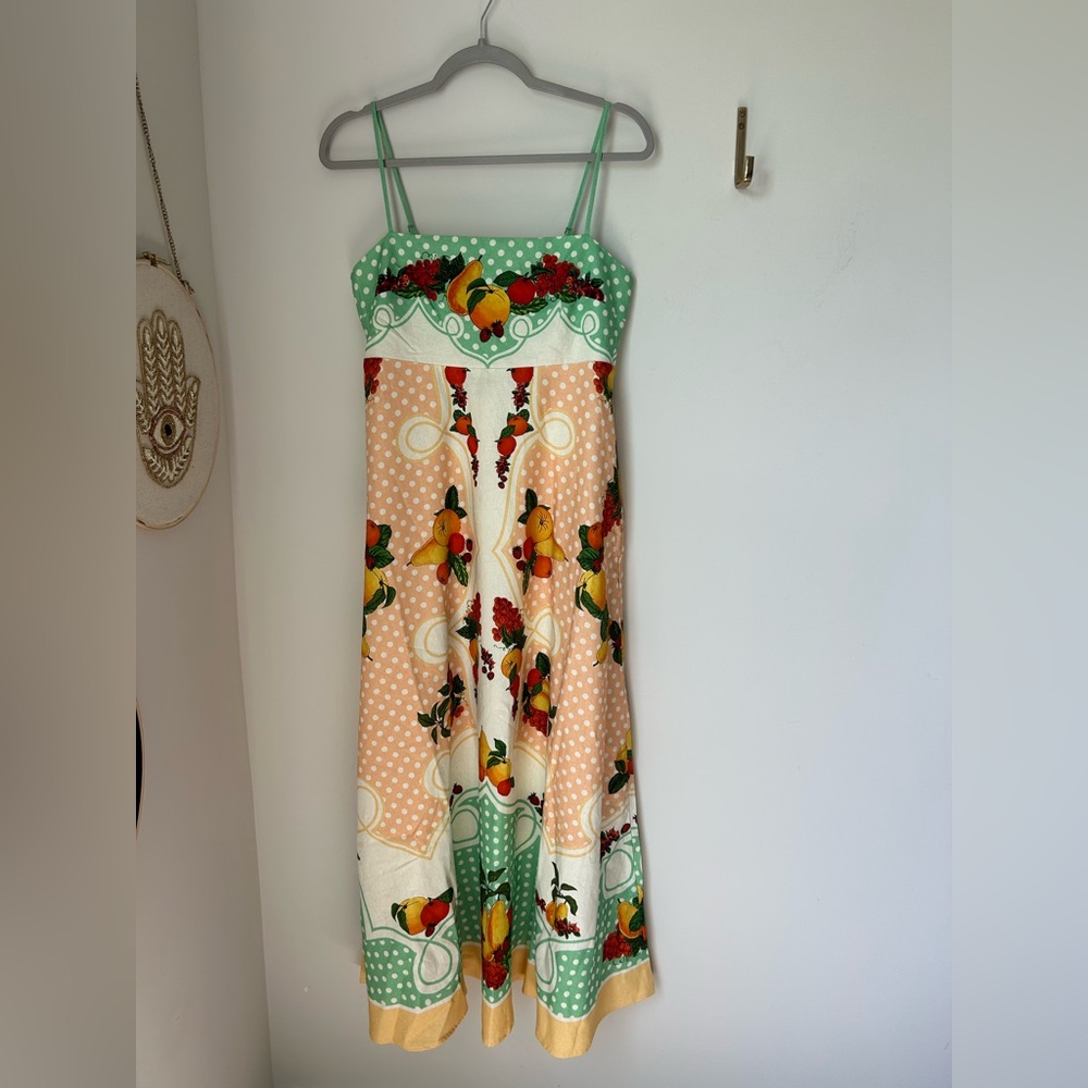 Caroline Constas peach green fruit Polka Dot linen blend Maxi Dress - Picture 2 of 7